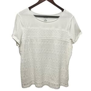 Croft & Barrow Womens Textured Lace Front White Tee Shirt XXL Cottagecore Top‎